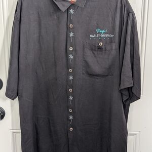 Harley-Davidson Men's Black 100% Silk Shirt with Teal Accents